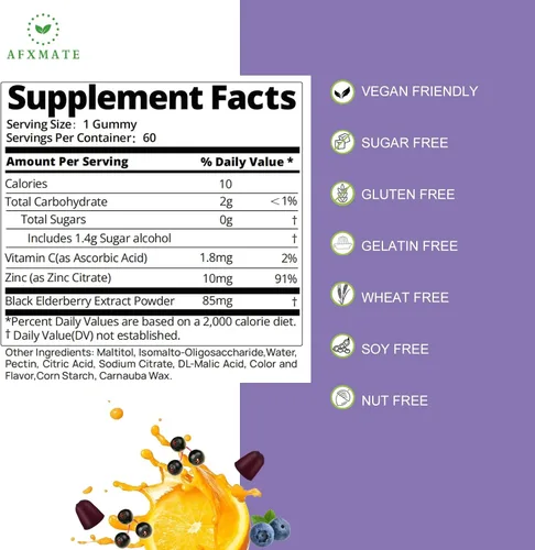 Vista 2 de AFXMATE Sambucus Gomitas de saúco, saúco negro con zinc y vitamina C para adultos, apoyo inmunológico sin azúcar* gomitas de suplemento