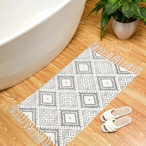Vista 9 de Chardin home Alfombra bohemia con diamantes de 20 x 32 pulgadas, color marfil y negro, con flecos tejidos a mano, perfecta para entrada, felpudo