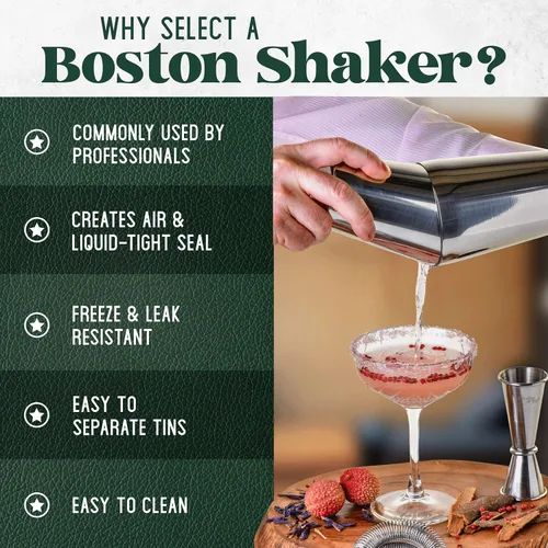 Vista 3 de Mixology & Craft Boston - Juego de coctelera con martini pesado, juego de coctelera incluye colador y jigger japonés, gran juego de barra de regalo