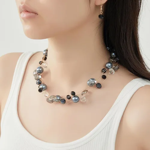 Vista 2 de Collar de perlas de oro con cuentas, collar de perlas de varias hebras, collar de cuentas de disfraces, joyería de regalo de cumpleaños para mujer