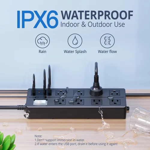 Vista 3 de Regleta de alimentación para exteriores IPX6 resistente a la intemperie, protector de sobretensiones impermeable con 8 tomas anchas con puertos USB