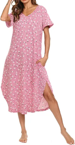 Vista 21 de AVIIER - Camisones de algodón para mujer, ropa de dormir suave con bolsillos, tallas S a XXL Negro Floewer 4