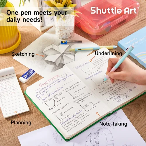 Vista 5 de Shuttle Art Bolígrafo multicolor 4 en 1 activado por gravedad, paquete de 2 bolígrafos retráctiles con tinta negra, azul y roja de 0.039 in y lápiz