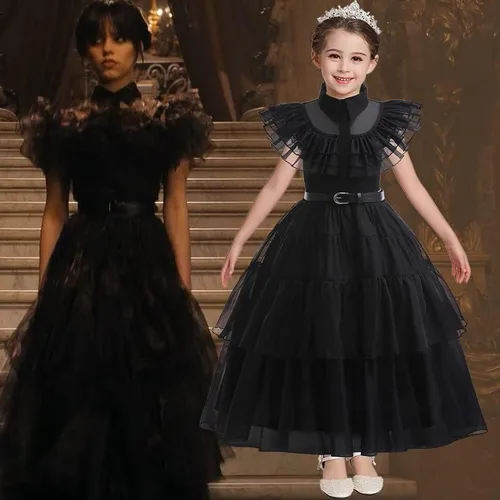 Vista 6 de Gofdsyeid Addams - Disfraces familiares para niños y niñas, disfraz de Wednesday Addams, vestido de fiesta de Halloween y cosplay