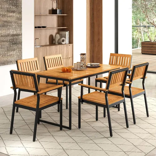 Vista 2 de Tangkula Juego de comedor al aire libre de 7 piezas para 6, mesa de comedor rectangular de madera de acacia y 6 sillones con marco de metal, agujero