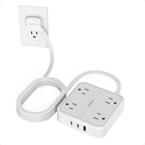 Vista 21 de TESSAN Cable de extensión plano protector de sobretensiones de 1 pie, regleta de enchufe con anillo con 4 tomas, 3 puertos USB (1 USB C), protección