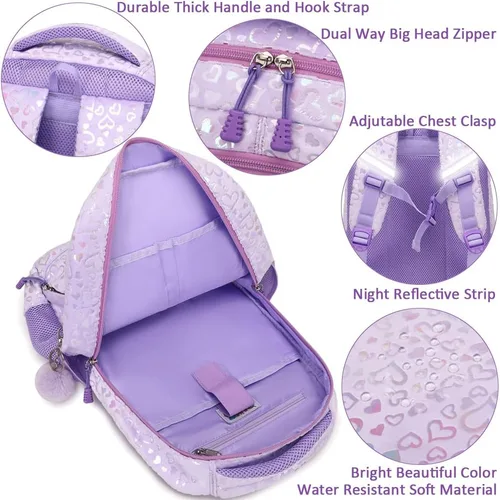 Vista 42 de Juego de mochila para niñas y adolescentes, mochila escolar para niños con bolsa para el almuerzo, estuche para lápices, mochilas escolares
