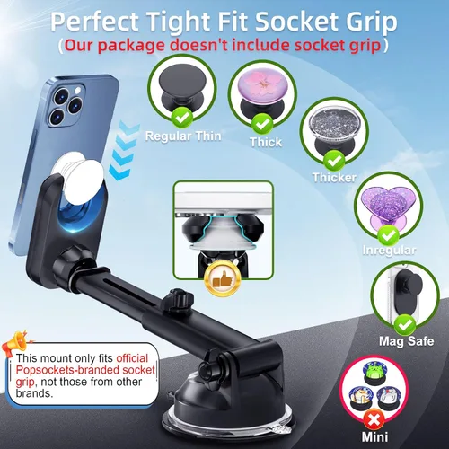 Vista 3 de pop-tech Soporte de teléfono de automóvil para Pop Socket: soporte de teléfono celular con ventosa para ventana de parabrisas de salpicadero