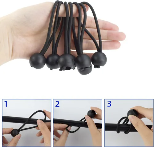 Vista 3 de Paquete de 20 cuerdas elásticas negras con bola, cuerdas elásticas de lona elástica de 4 pulgadas, correas de amarre para camping, toldo, refugio