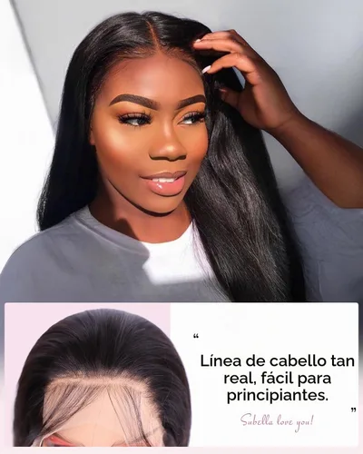 Vista 8 de Subella - Peluca de cabello humano de densidad 180, pelucas rectas con encaje frontal, prearrancadas, 14 pulgadas 180% negro natural