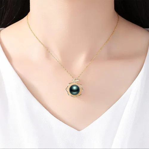 Vista 4 de Tahitian Black Pearl Pendant Necklace - Pearl Necklaces for Womens 9-11mm Round Black Pearls- Sterling Silver 18 inch Chain - Fine Jewelry Gifts for