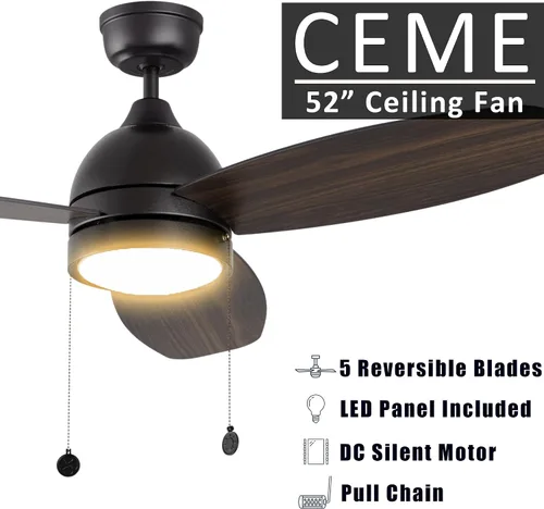Vista 3 de 52” Black Ceiling Fans with Lights, 5 Speeds Reversible DC Ceiling Fan with Pull Chain, 3 Light Colors Dimmable Low Profile Ceiling Fan For Indoor &