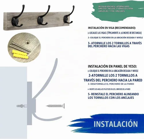 Vista 5 de Perchero de pared, perchero de entrada vintage rústico de madera con 3 ganchos para colgar abrigos y sombreros, riel de zinc fundido para la Madera