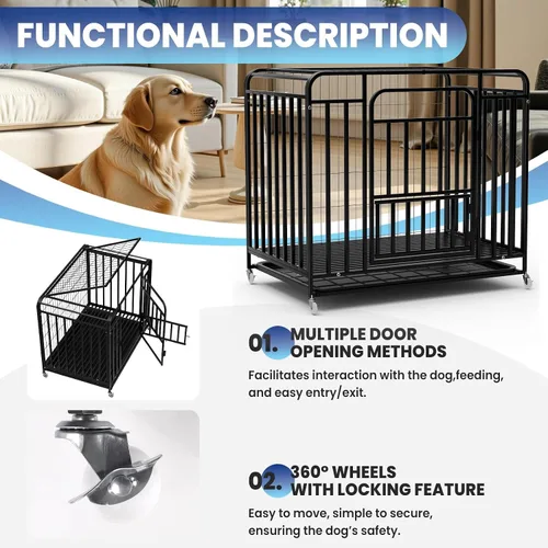 Vista 5 de Jaula resistente y fácil de limpiar de 42 pulgadas con doble puerta extraíble, a prueba de escapes, jaula grande para perros con ruedas