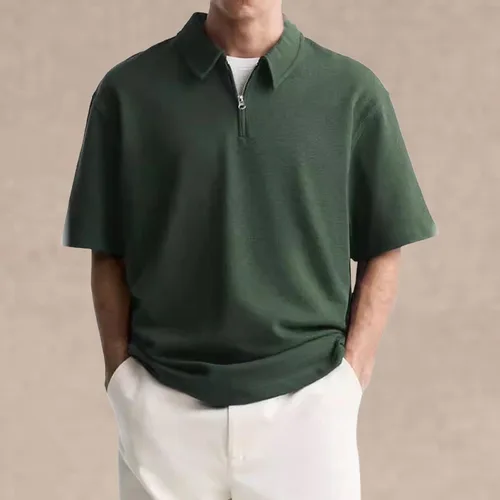 Vista 2 de Camisas polo con cremallera para hombre, camiseta de cuello de moda de verano, talla grande, camisa de golf clásica lisa para exteriores, tops