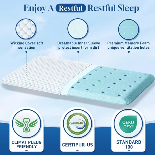 Vista 4 de CloudBliss Almohadas ultra delgadas de 3.3 pulgadas para lado Espalda Dormir boca abajo, almohada plana de espuma viscoelástica, almohadas