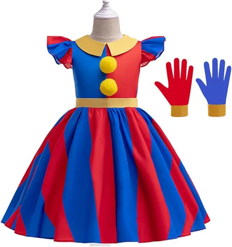 Vista 2 de IBTOM CASTLE Disfraz de payaso de circo para niñas, vestido de Halloween con mangas con volantes, cosplay, fiesta de carnaval Rojo