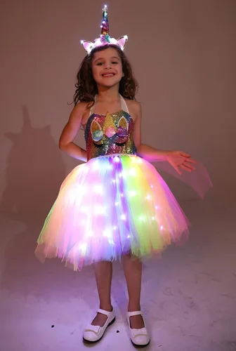 Vista 2 de Viyorshop Disfraz de unicornio para niña, vestido de tutú de unicornio con luz LED para disfraces de fiesta de Halloween