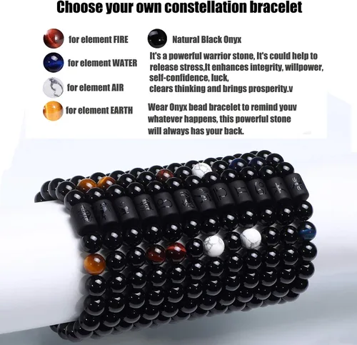 Vista 3 de Jade cabbage Pulsera del zodiaco para pareja de 0.315in 0.394in, pulsera de cuentas de piedra de ónix negro natural para hombres y mujeres, signo