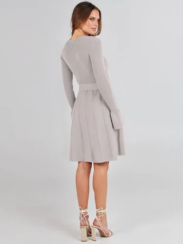 Vista 5 de ANRABESS Vestido tipo suéter de manga larga con cuello en V y lazo en la cintura, plisado, acampanado, elegante, de punto acanalado, vestido midi