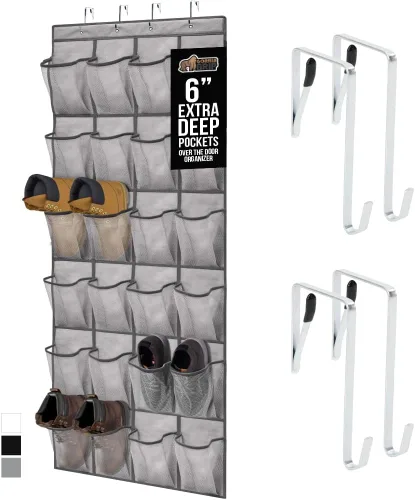 Vista 21 de Gorilla Grip - Zapatero para colgar en la puerta, 24 bolsillos de malla para sostener hasta 40 libras, organizador para parte trasera del armario