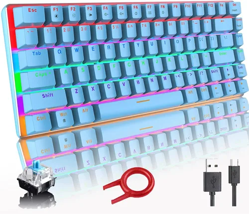 Vista 7 de LexonElec Teclado mecánico para juegos con cable tipo C de metal mecánico con interruptor azul teclado de computadora con retroiluminación LED arco