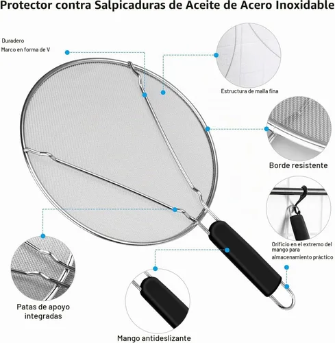 Vista 4 de Pantalla contra salpicaduras para cocinar, protector de salpicaduras de grasa de acero inoxidable para sartén, tapas de malla ultra fina, juego de 3