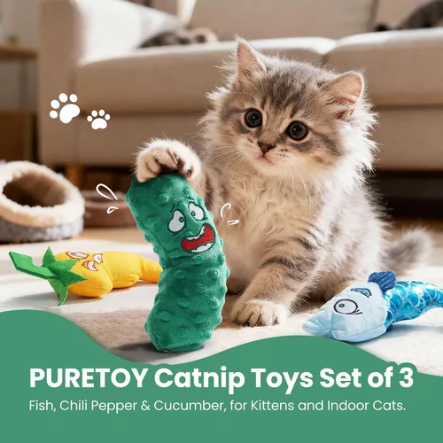 Vista 2 de Juego de 3 juguetes de hierba gatera – Pescado, chile y pepino, juguetes de peluche para gatos de interior, juguetes interactivos naturales rellenos
