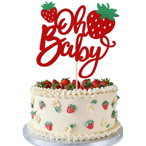 Vista 23 de 24 piezas de adornos para cupcakes de fresa, purpurina roja, temas de frutas, bayas y fresas, para verano, dulces, baby shower, fiesta