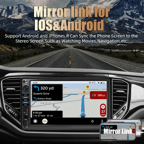 Vista 3 de Estéreo de auto doble DIN de 7 pulgadas en tablero con CarPlay con cable y Android Auto, reproductor multimedia para automóvil con súper carga, 2