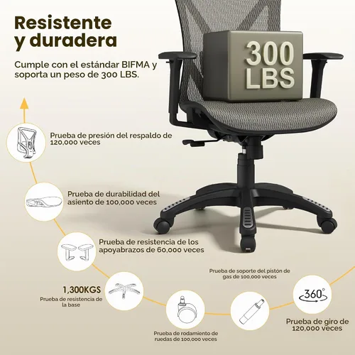 Vista 9 de Silla de oficina ergonómica, sillas de escritorio de malla para computadora con certificación BIFMA X5.1, soporte lumbar ajustable, brazo 3D