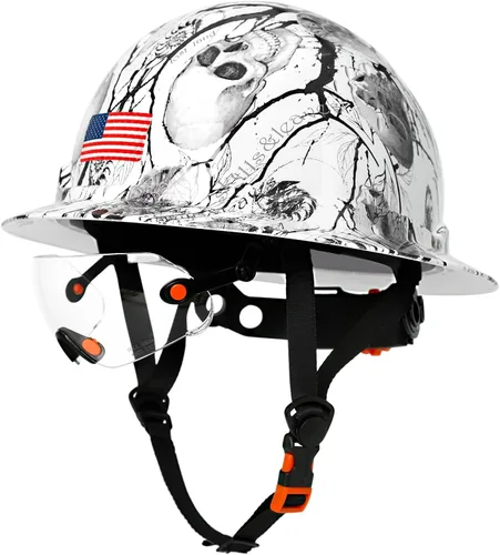 Vista 14 de Casco duro de ala completa con patrón de fibra de carbono con visera, casco de seguridad de construcción aprobado por la OSHA para hombres