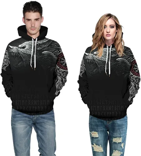 Vista 5 de Rainbow Town Sudaderas con capucha unisex con patrón de tatuaje vikingo con bolsillo grande Odin&Asgard Totem Streetwear para hombre