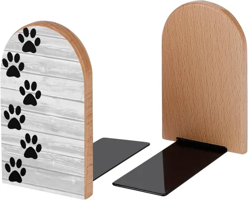Vista 2 de Sujetalibros decorativos de madera con estampado de pata negra para estantes, habitación de los niños, escritorio, oficina en casa, tapones