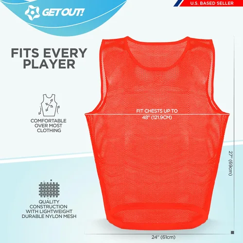 Vista 4 de Get Out! Chaleco Scrimmage Pinnies 12pk en rojo y azul - Tallas para jóvenes, adolescentes y adultos - Jerseys de malla de nailon para cualquier