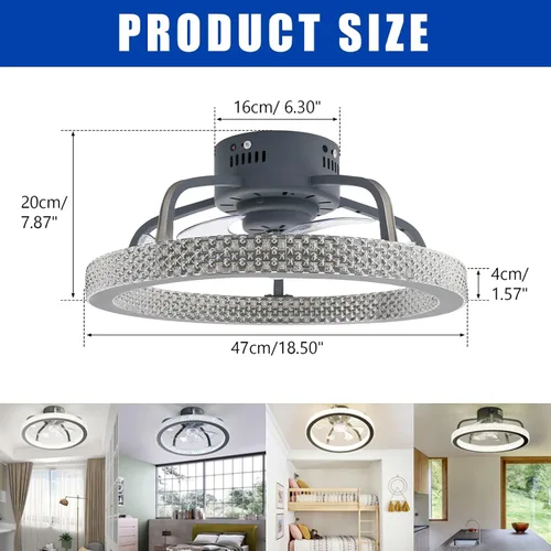 Vista 6 de Ventilador de techo de perfil bajo con luz, ventilador de techo LED de 18 pulgadas, control remoto, regulable, 3 modos de iluminación y velocidad