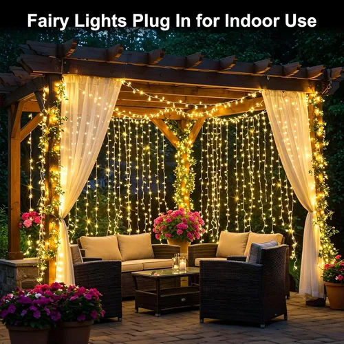 Vista 2 de Guirnalda de luces de Navidad de 70 pies con 200 luces LED enchufables, para interiores y exteriores, conectables, luces centelleantes de hadas