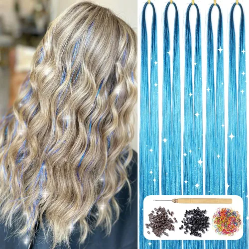Vista 12 de Kit de oropel para el cabello con herramientas de 48 pulgadas, 1200 hebras de cabello de oropel dorado, resistentes al calor, extensiones de cabello
