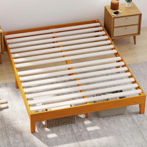 Vista 8 de BLKMTY Marco de cama de madera, cama de tamaño individual, sin plataforma de cabecero, con espacio de almacenamiento inferior, fácil montaje,