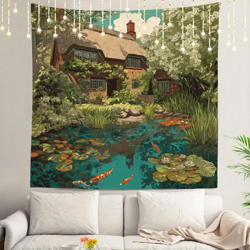 Vista 74 de Shrahala Peaceful Retreat Charming Abode Tapestry, Verdant Landscape Water Wall Hanging Hd Print Polyester Backdrop For Dorm Room Bedroom 30 X 40 In
