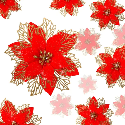 Vista 8 de Geosar 24 piezas de flores de Pascua con purpurina para Año Nuevo, flores artificiales en capas, adornos para árbol de boda y Año Nuevo, 3/4/6 Azul