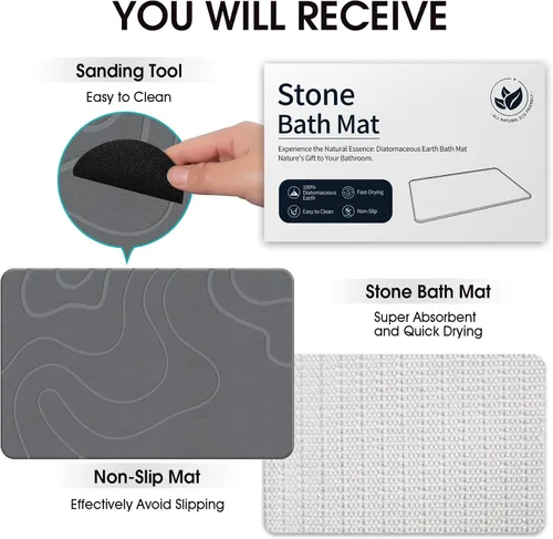 Vista 6 de ZIKIBL Stone Bath Mat Diatomaceous Earth Shower Mat Non-Slip Super Absorbent Diatomite Stone Mats for Bathroom Floor Quick-Drying Easy to Clean