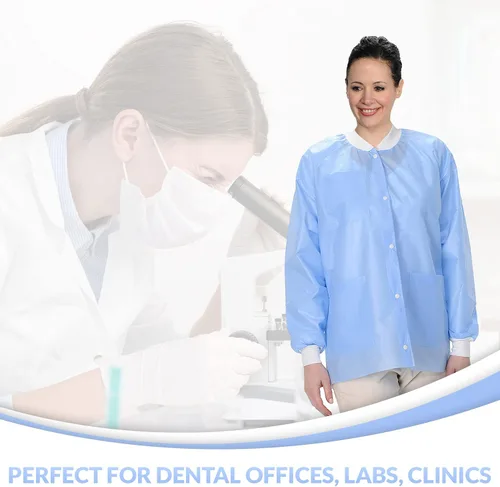 Vista 46 de Paquete de 10 chaquetas desechables de laboratorio, chaqueta médica reutilizable hasta la cadera, unisex, con puños de punto y bolsillos