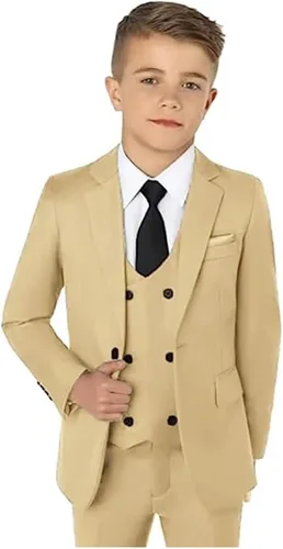 Vista 2 de YSMLOIU Trajes para niños pequeños, 3 piezas, chaqueta sólida, pantalones, chaleco, trajes para niños, traje de boda, trajes de esmoquin para niños