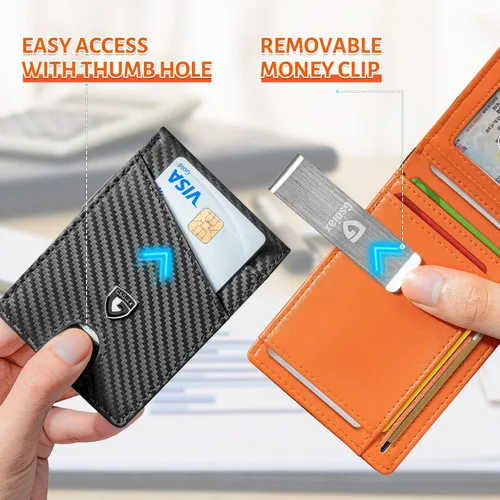 Vista 57 de GSOIAX Cartera delgada de cuero plegable RFID para hombre, billetera minimalista con bolsillo frontal con clip para dinero, 12 ranuras para Negro
