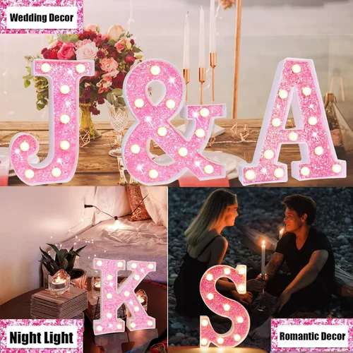 Vista 3 de Letras rosas iluminadas con purpurina, letras del alfabeto rosas, letreros de luces LED en marquesina rosas con batería para iluminación nocturna