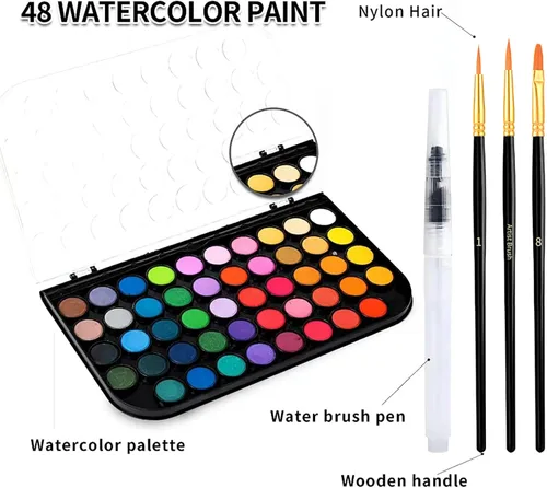 Vista 3 de GETHPEN Pintura de acuarela, juego de pintura de acuarela, juego de pintura de acuarela lavable de 48 colores con pincel, bolígrafo de agua