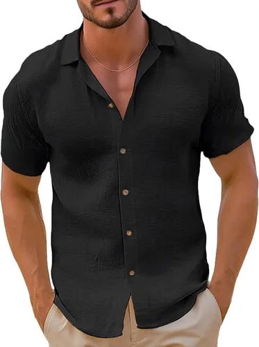 Vista 6 de Camisa de guayabera cubana para hombre, estilo casual, con botones, de manga corta, para verano, playa, hippie, color sólido, tops de trabajo