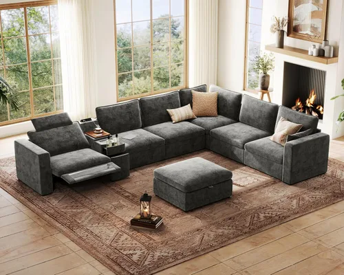 Vista 23 de Sofá reclinable eléctrico de 102.8 pulgadas con reposacabezas, sofá reclinable modular Cloud de gran tamaño con mesa, cajón de almacenamiento