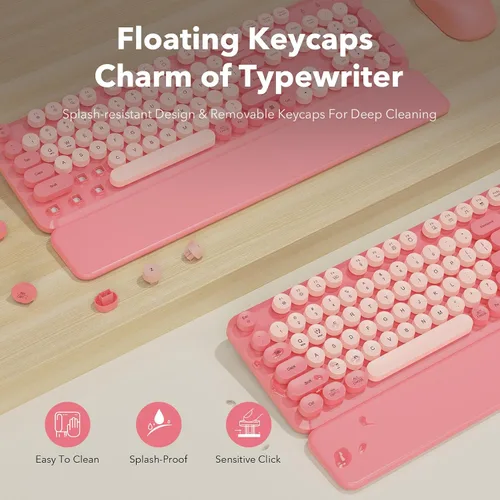 Vista 4 de Combo de teclado y mouse inalámbricos, teclado retro con teclas redondas, teclado estilo máquina de escribir de tamaño completo con reposamuñecas